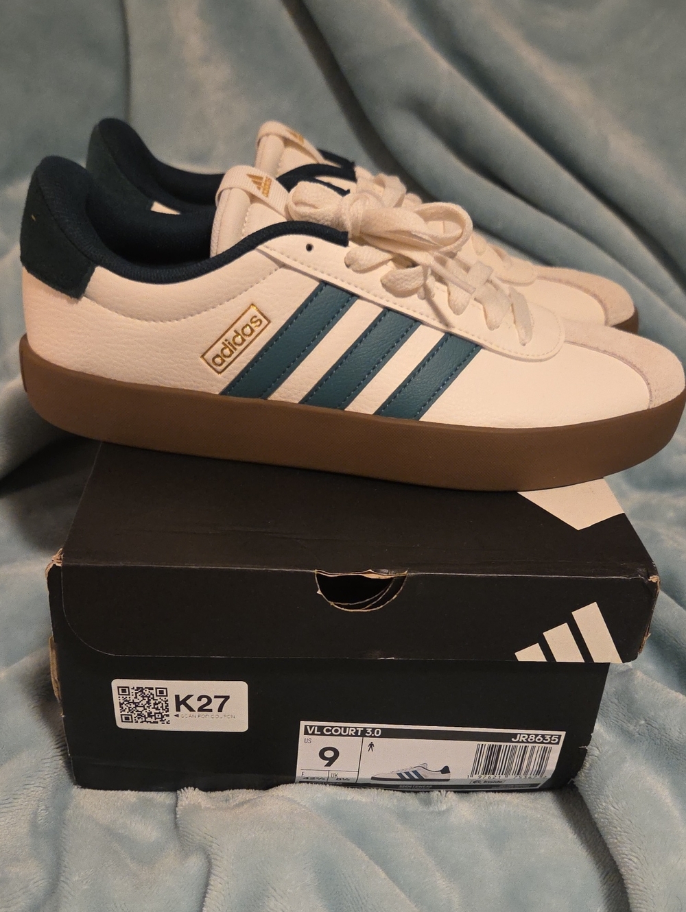 adidas Men’s VL Court 3.0 Sneakers in White, Teal & Gum